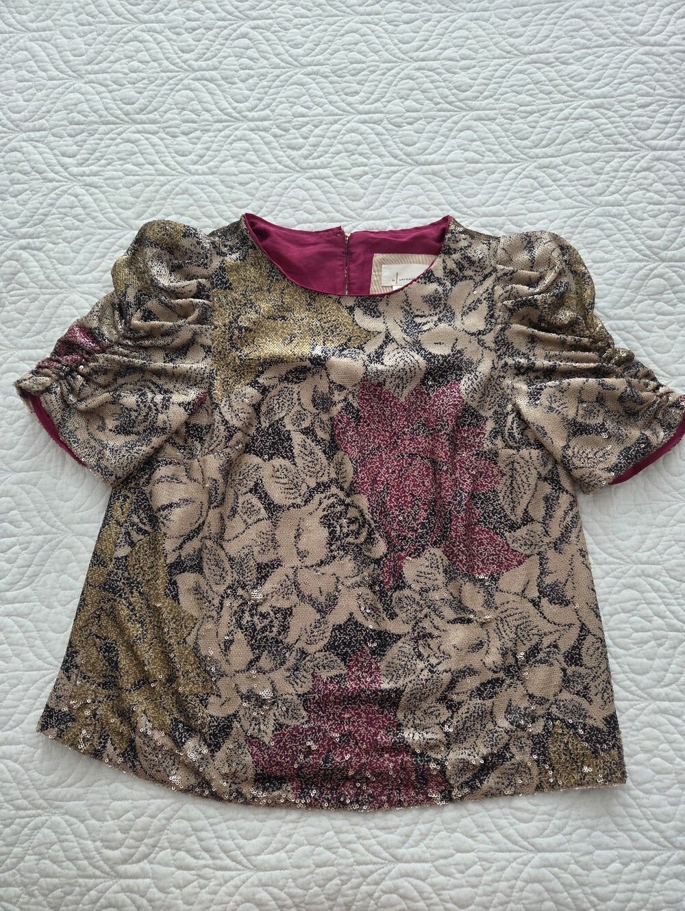 Anthropologie Glitter Floral Puff Sleeve Top in Pink, Gold & Black